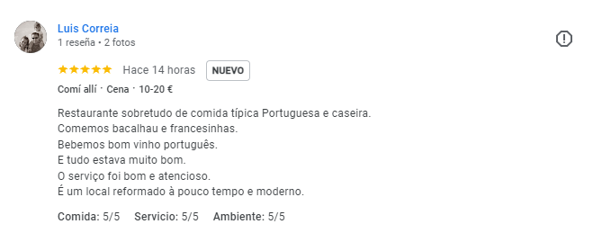 Luis Correia. Restaurante sobretudo de comida típica portuguesa e caseira. Comemos bacalhau e francesinhas. Bebemos bom vinho português. E tudo estava ótimo. O serviço foi bom e atencioso. É um local reformado recentemente e moderno. Comida: 5 / 5 Servicio: 5 / 5 Ambiente: 5 / 5.